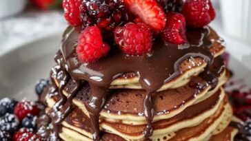 Blueberry Pancakes with Chocolate Ganache and Berry Sauce