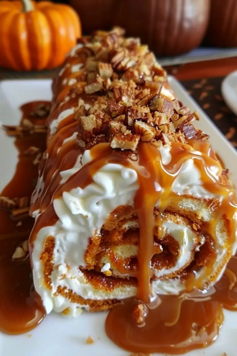 Pumpkin Caramel Spice Cake Roll with Cinnamon Glaze