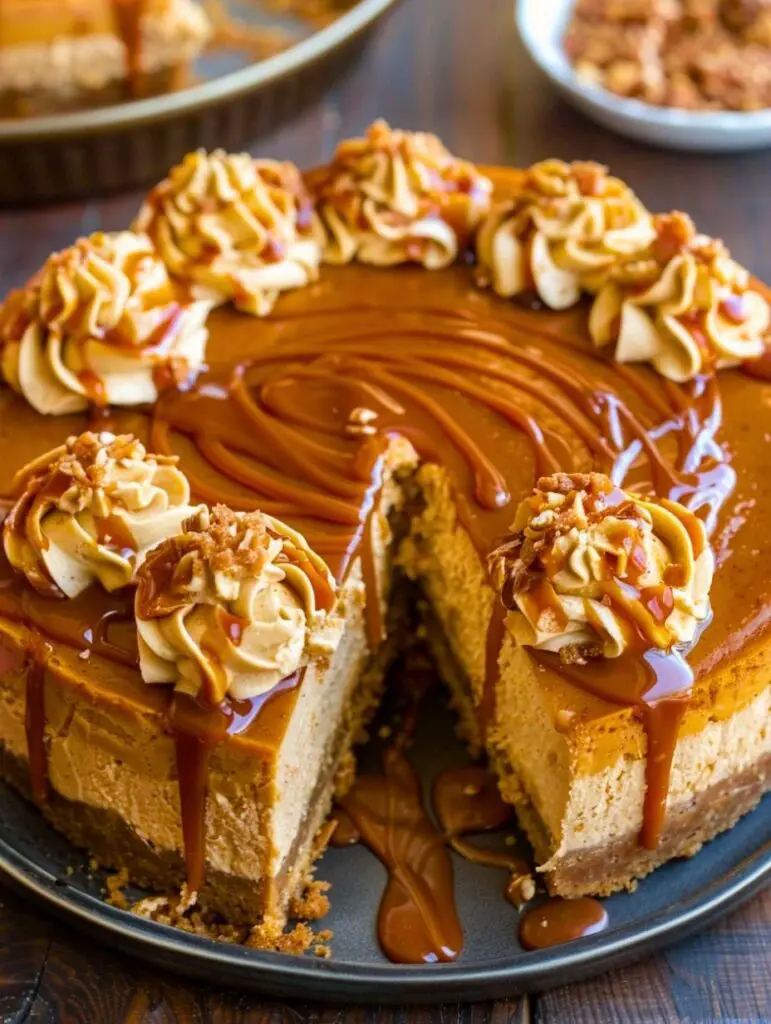 Slice of Pumpkin Caramel Swirl Cheesecake topped with whipped cream and caramel drizzle on a white plate