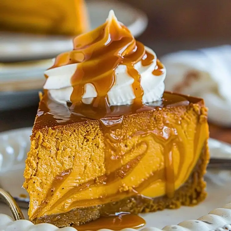 Slice of Pumpkin Caramel Swirl Cheesecake topped with whipped cream and caramel drizzle on a white plate