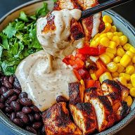 Chipotle Chicken Bowl with Black Beans Corn Creamy Sauce