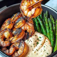 Grilled Shrimp Bowl with Asparagus Creamy Garlic Sauce