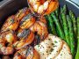 Grilled Shrimp Bowl with Asparagus Creamy Garlic Sauce