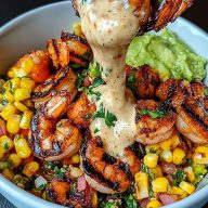 Grilled Shrimp Bowl with Avocado Corn Salsa Creamy Sauce