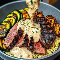 Grilled Steak Bowl with Creamy Sauce Grilled Zucchini 1