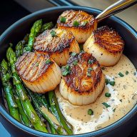 Seared Scallop Bowls with Asparagus Creamy Sauce
