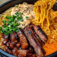 Spicy Korean Ramen with Grilled Beef Creamy Sauce