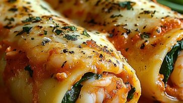 Shrimp Spinach Stuffed Pasta Rolls with Roasted Red Pepper Cream Recipe