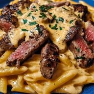 Spicy Cajun Steak Mozzarella Alfredo Pasta