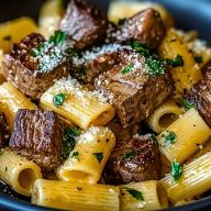 Garlic Butter Steak Tips with Cheesy Rigatoni recipe