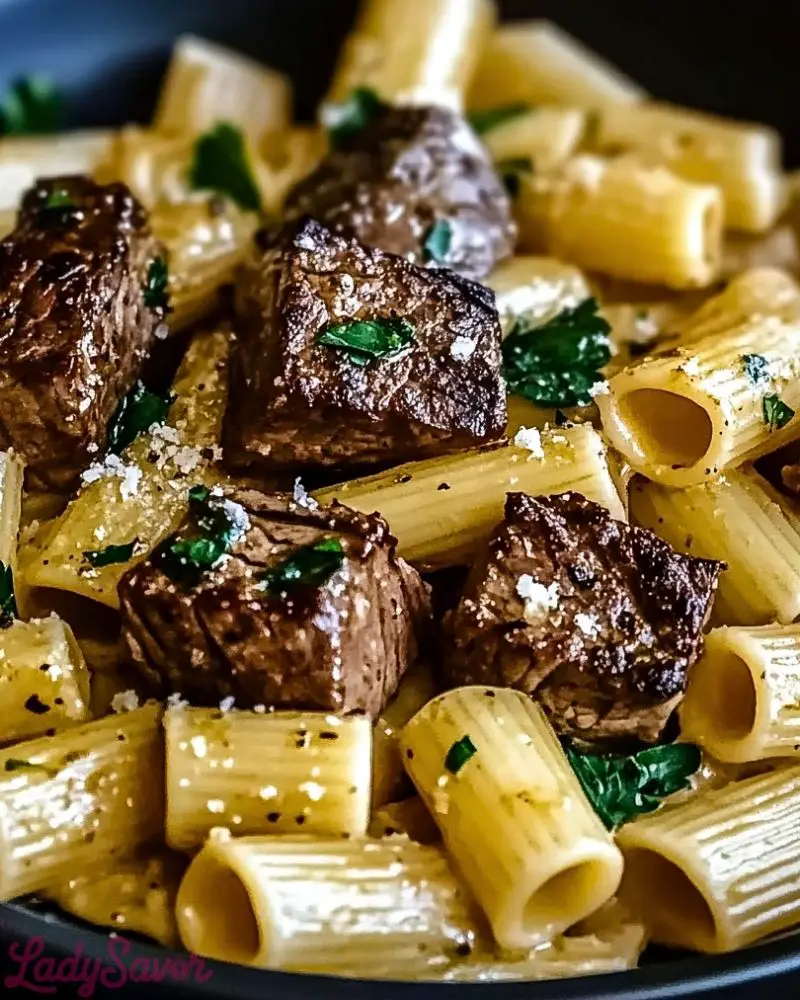Garlic Butter Steak Tips with Cheesy Rigatoni Garlic Butter Steak Tips with Cheesy Rigatoni recipe2