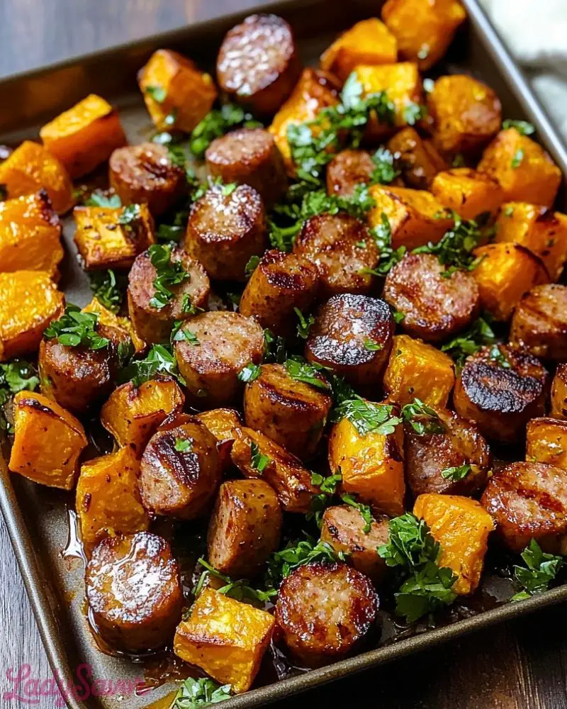 Irresistible Sheet Pan Sausage and Sweet Potatoes with Honey Garlic Sauce Irresistible Sheet Pan Sausage and Sweet Potatoes with Honey Garlic Sauce Recipe