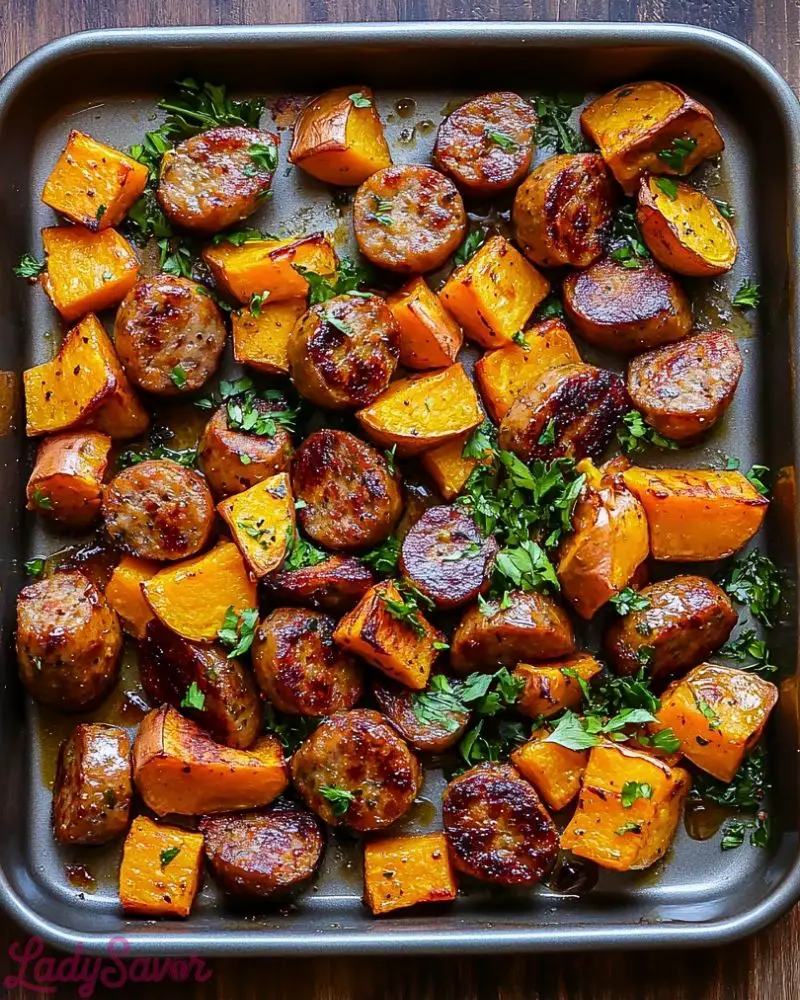 Irresistible Sheet Pan Sausage and Sweet Potatoes with Honey Garlic Sauce Irresistible Sheet Pan Sausage and Sweet Potatoes with Honey Garlic Sauce Recipe2