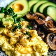 Keto Breakfast Plate with Creamy Scrambled Eggs Mushrooms Avocado Recipe
