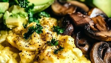 Keto Breakfast Plate with Creamy Scrambled Eggs Mushrooms Avocado Recipe