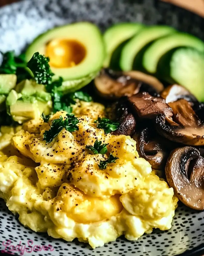Keto Breakfast Plate with Creamy Scrambled Eggs Mushrooms Avocado Recipe