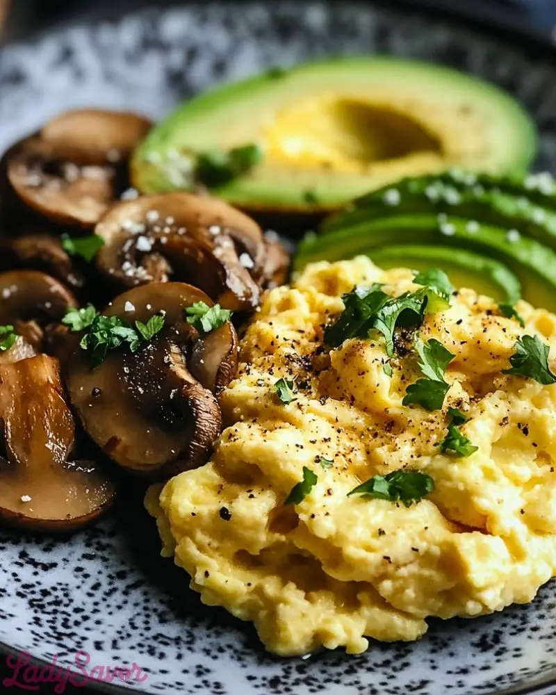 Keto Breakfast Plate with Creamy Scrambled Eggs Mushrooms Avocado Recipe2