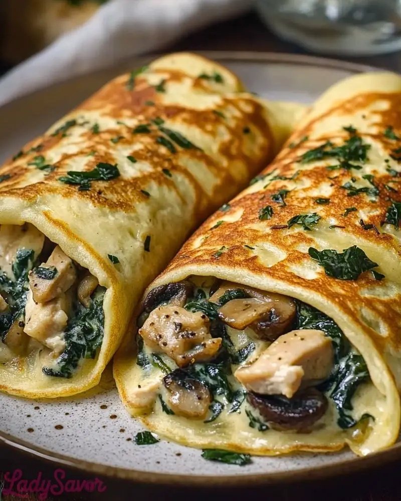 Savory Spinach Mushroom Chicken Crêpes Savory Spinach Mushroom Chicken Crepes Recipe