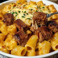 Cajun Steak Tips in Cheesy Rigatoni Parmesan Sauce
