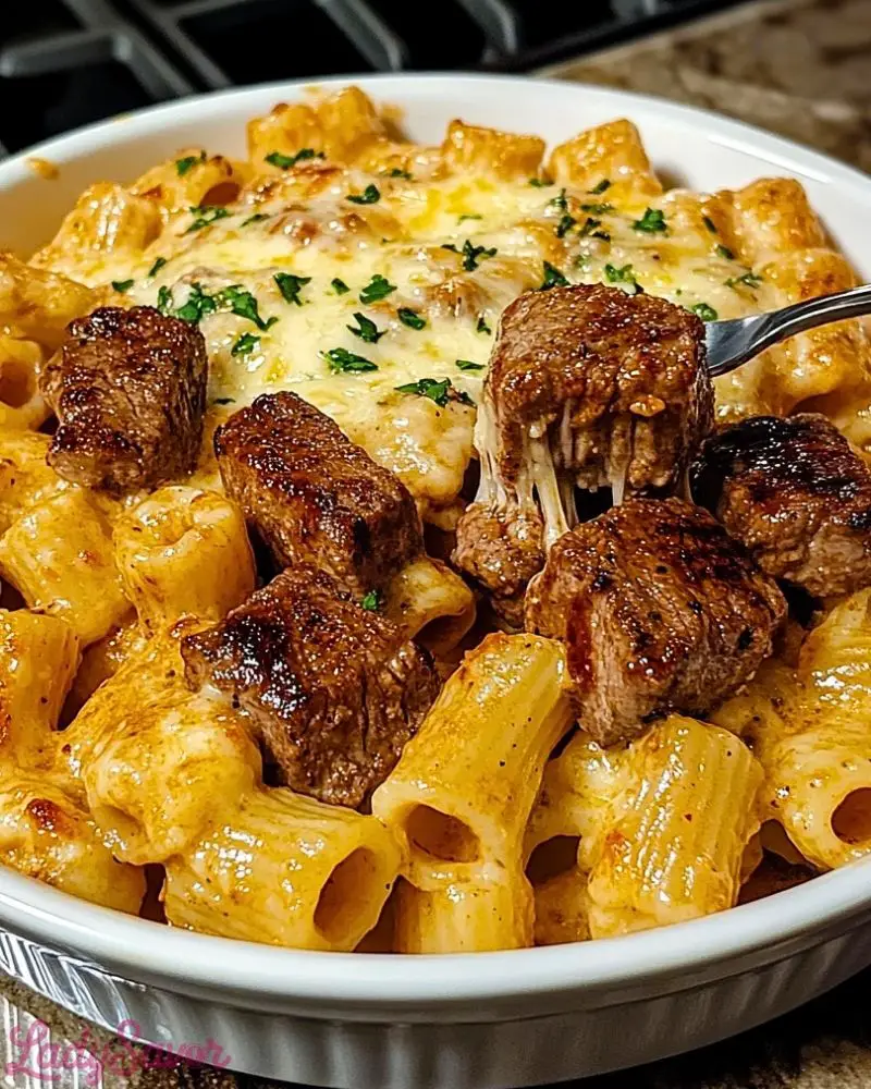 Cajun Steak Tips in Cheesy Rigatoni Parmesan Sauce
