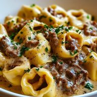 Cheesesteak Tortellini in Rich Provolone Sauce