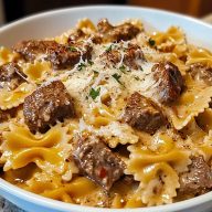 Creamy Beef Bowtie Pasta with Garlic Parmesan Sauce
