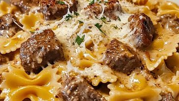 Creamy Beef Bowtie Pasta with Garlic Parmesan Sauce