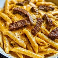Creamy Cajun Steak Cheddar Penne Skillet