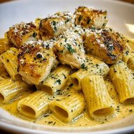 Creamy Garlic Butter Chicken and Rigatoni in Parmesan Sauce
