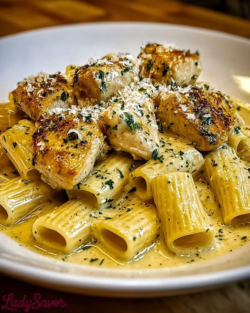Creamy Garlic Butter Chicken and Rigatoni in Parmesan Sauce