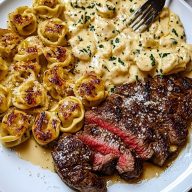 Garlic Butter Steak with Cheesy Alfredo Tortellini