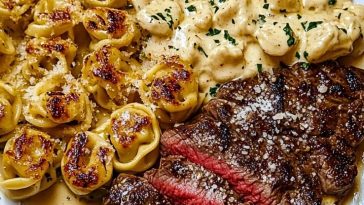Garlic Butter Steak with Cheesy Alfredo Tortellini