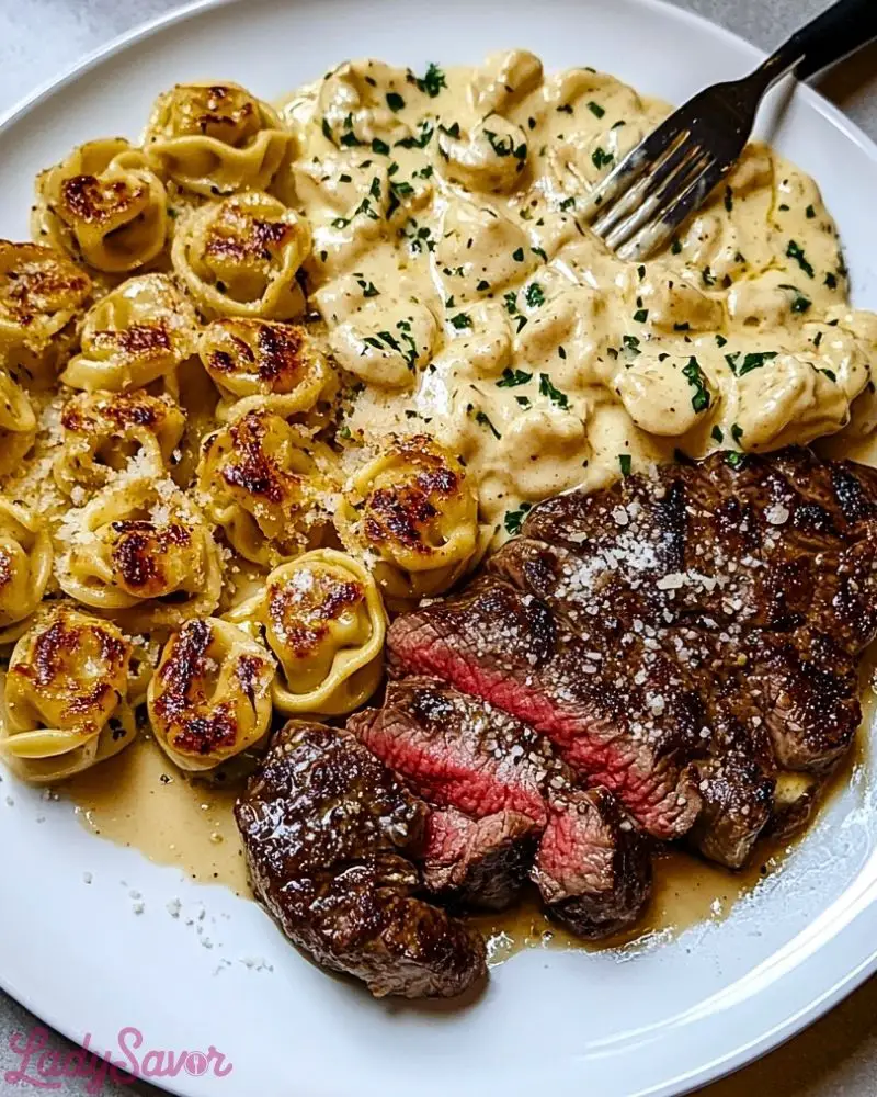 Garlic Butter Steak with Cheesy Alfredo Tortellini