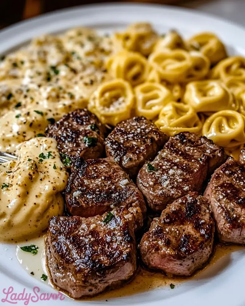 Garlic Butter Steak with Cheesy Alfredo Tortellini2