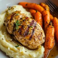 Garlic Herb Chicken with Creamy Mash Roasted Carrots