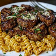 Garlic Parmesan Steak Bites with Cajun Twisted Pasta
