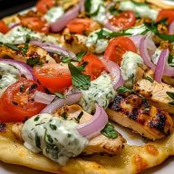 Mediterranean Tzatziki Chicken Naan Pizza