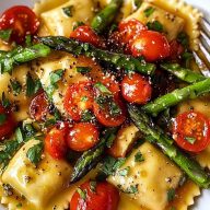 Ravioli with Tomatoes Asparagus Garlic and Herbs