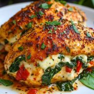 Roasted Red Pepper Spinach Mozzarella Stuffed Chicken
