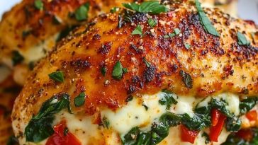 Roasted Red Pepper Spinach Mozzarella Stuffed Chicken