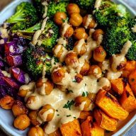 Roasted Veggie Chickpea Bowls with Maple Dijon Tahini Dressing