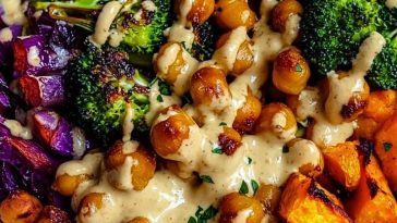 Roasted Veggie Chickpea Bowls with Maple Dijon Tahini Dressing