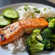 Salmon Broccoli Rice Cucumber Plate