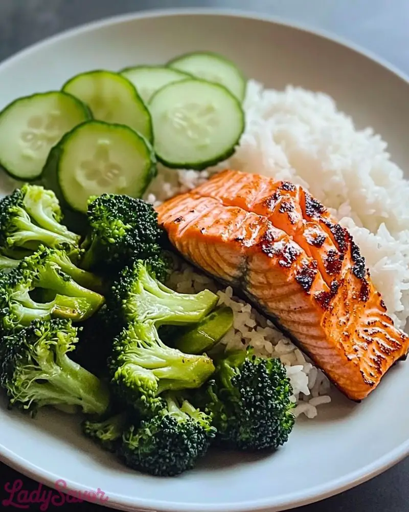 Salmon Broccoli Rice Cucumber Plate Salmon Broccoli Rice Cucumber Plate2