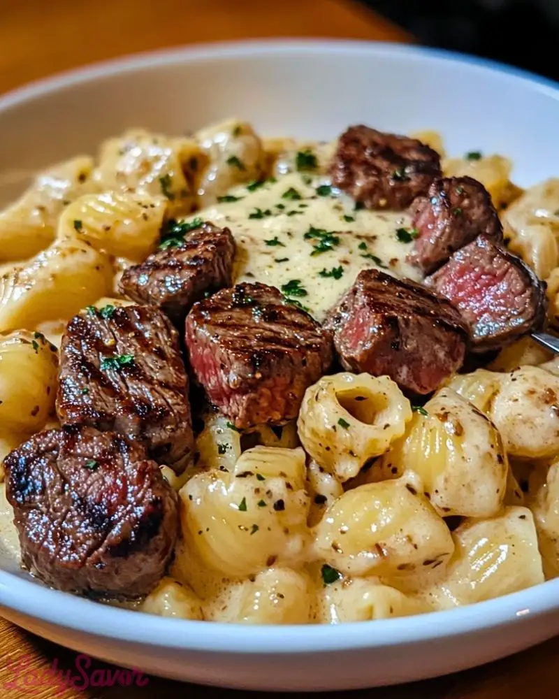 Steak Bites and Shell Pasta in Garlic Butter Alfredo Sauce Steak Bites and Shell Pasta in Garlic Butter Alfredo Sauce