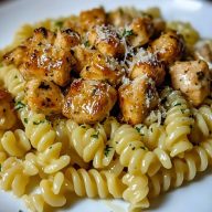 Twisted Pasta with Honey Garlic Chicken and Parmesan Cream