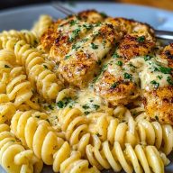 Creamy Garlic Parmesan Chicken and Cheesy Twisted Pasta Recipe