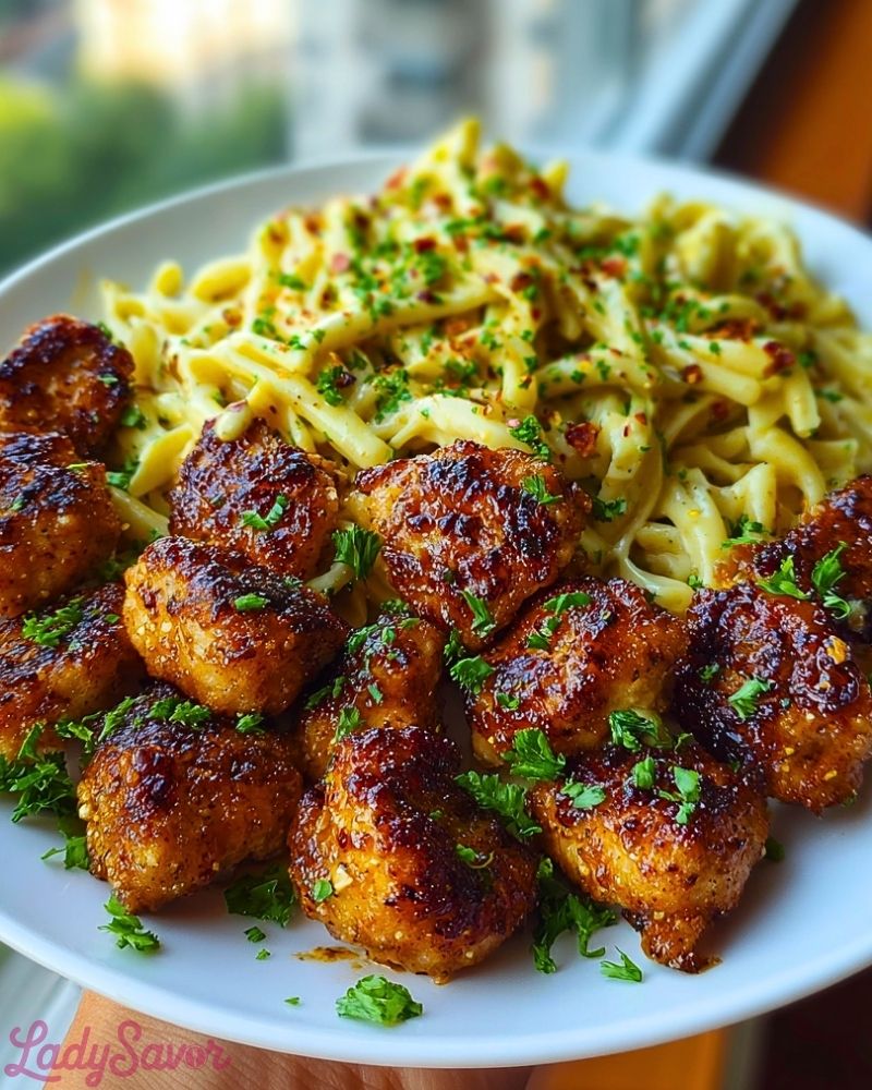 Maple Garlic Chicken Bites with Spicy Cajun Alfredo