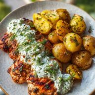 Spicy Yogurt Marinated Chicken with Dill Feta Cream Crispy Baby Potatoes
