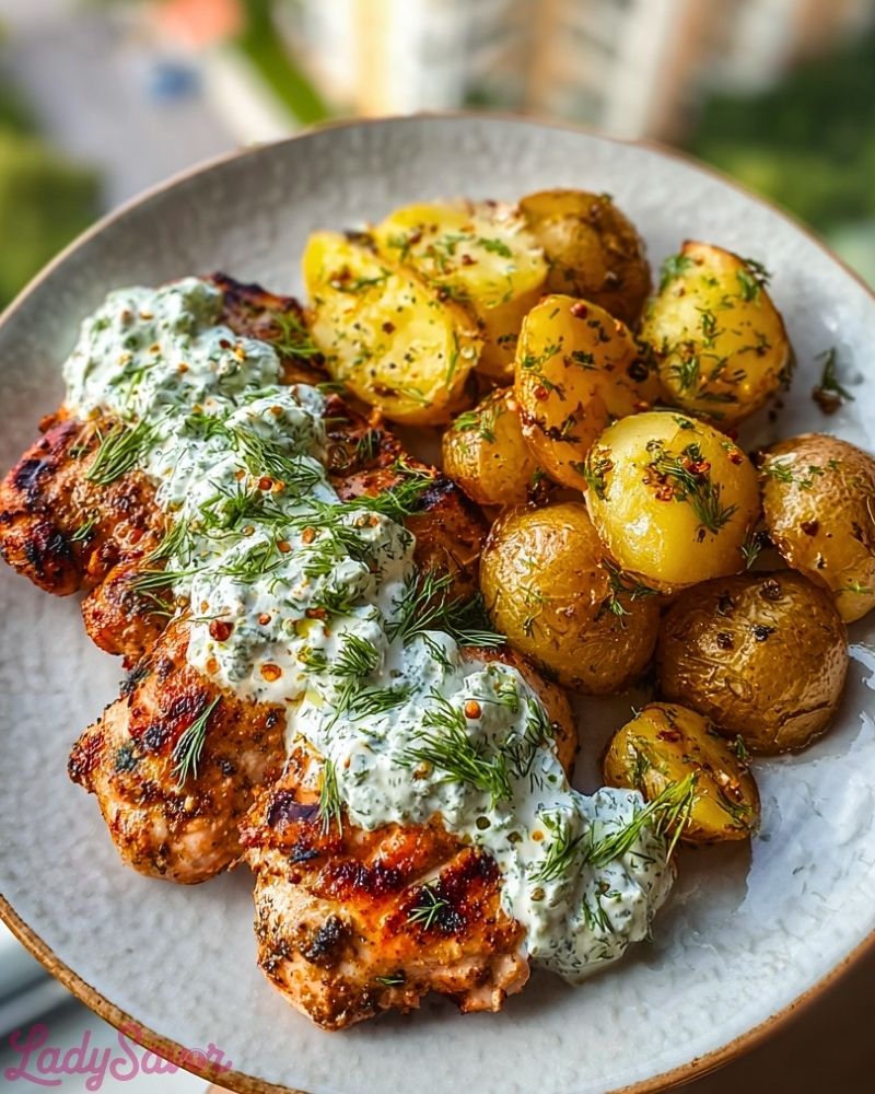 Spicy Yogurt Marinated Chicken with Dill Feta Cream Crispy Baby Potatoes